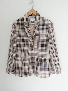 NA-KD Marked Shoulder Checked Plaid Blazer Jacket Tan Blue EU 38 US 6